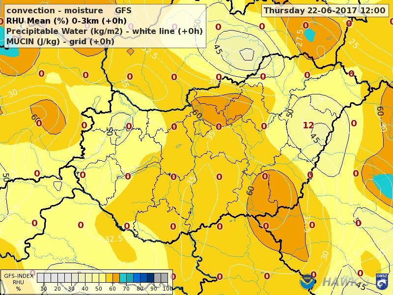 ábra: A GFS által előrejelzett átlagos relatív nedvesség (0-3 km között) [%], kihullható vízmennyiség [kg/m 2 ] valamint a
