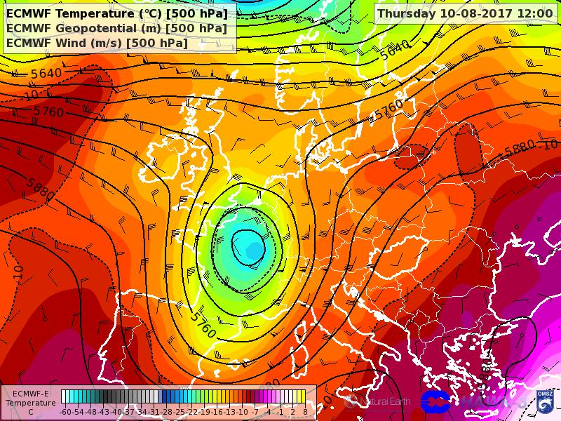 F13. ábra: Az ECMWF által előrejelzett hőmérséklet [ C], geopotenciál [m], szél [m/s] az 500