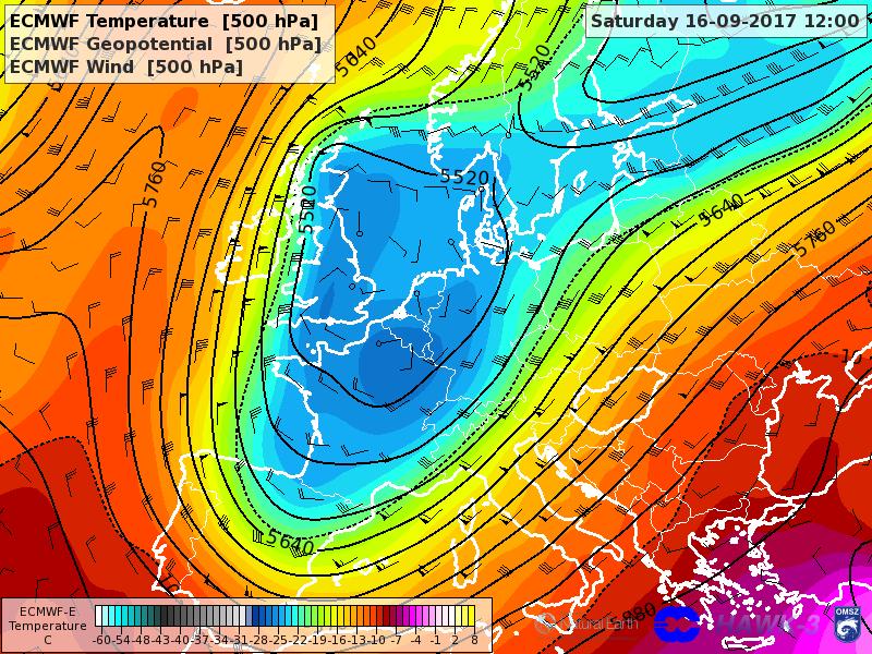 F14. ábra: Az ECMWF által előrejelzett hőmérséklet [ C], geopotenciál [m], szél [m/s] az 500