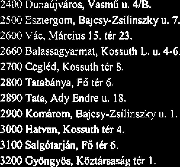 2400 DunahjvAros, Vasmd u. 418. 2500 Esz~ergom, Bajcsy-Zsilinszky u. 7. 2600 VBc, Mhrcius 15, ttr 23. 2660 Balassagyarmat, Kossuth L. u, 4-6. 2700 Cegltd, Kossuth J r 8.