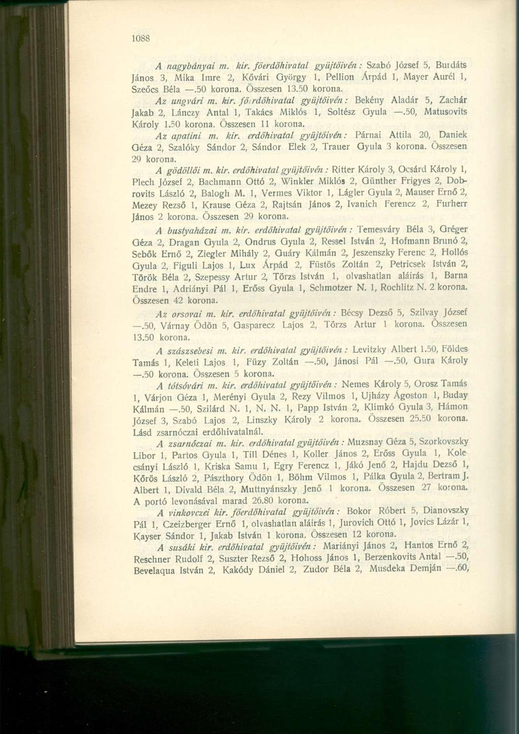 A nagybányai m. kir. főerdőhivatal gyiijtőivén: Szabó József 5, Bui dáts János 3, Mika Imre 2, Kővári György 1, Pellion Árpád 1, Mayer Aurél 1, Szeőcs Béla.50 korona. Összesen 13.50 korona. Az ungvári m.