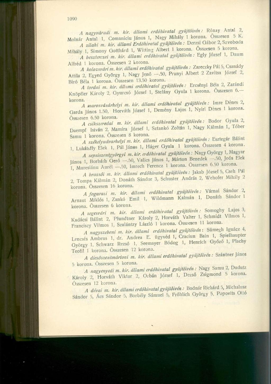 A nagyváradi m. kir. állami erdőhivatal gyiijtőivén: Rónay Antal 2, Molnár Antal 1, Comaniciu János I, Nagy Mihály 1 korona. Összesen 5 K. A zilahi m. kir. állami Erdóhivatal gyiijtőivén : Derzsi Gábor 2, Szvoboda Mihály 1, Simony Gotthárd 1, Witting Albert 1 korona.