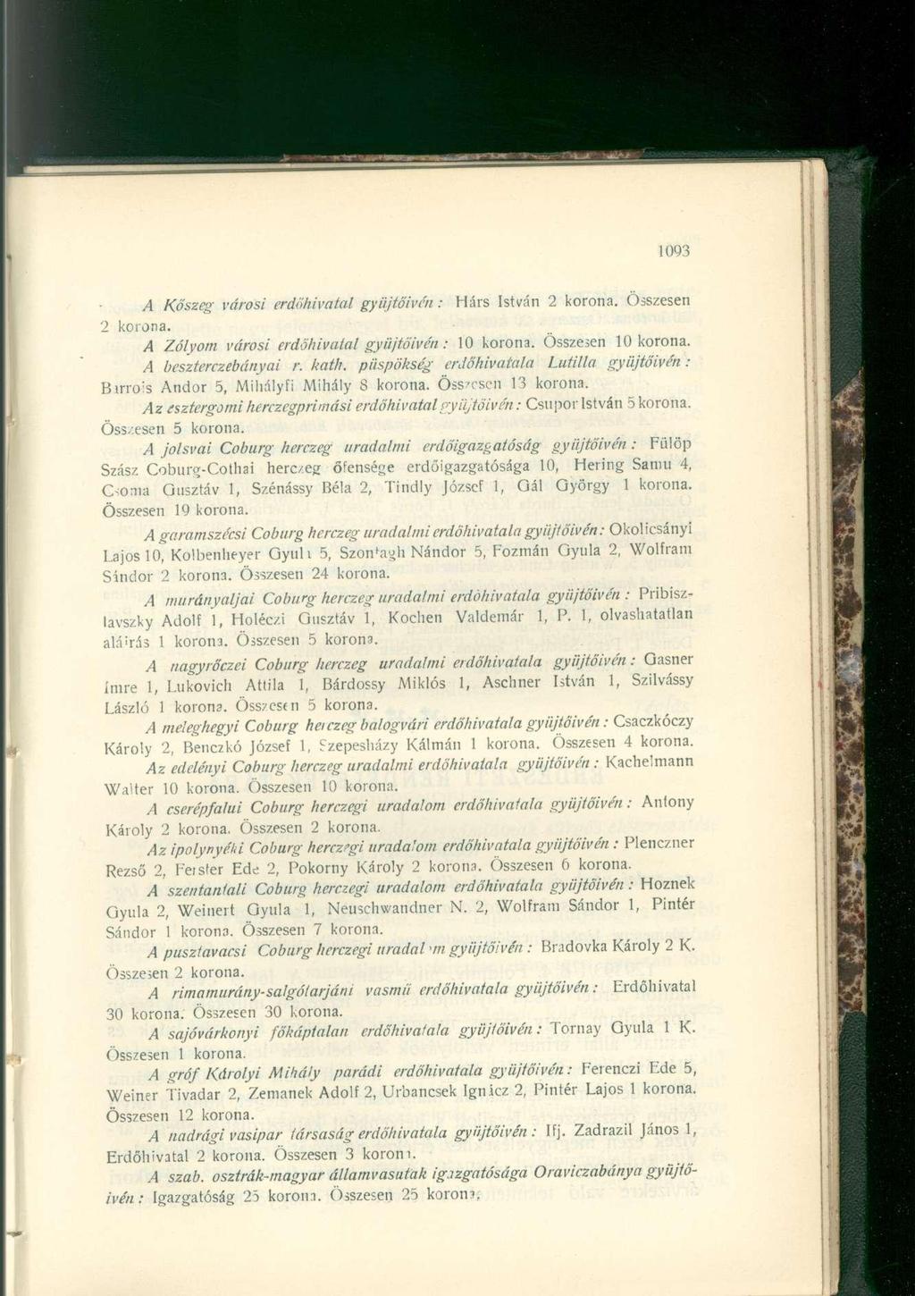 2 korona. A Kőszeg városi erdöluvatal gyüjtőivén : Hárs István 2 korona. Összesen A Zólyom városi erdöhivalal gyüjtőivén: 10 korona. Összesen 10 korona. A beszterczebányai r. kath.