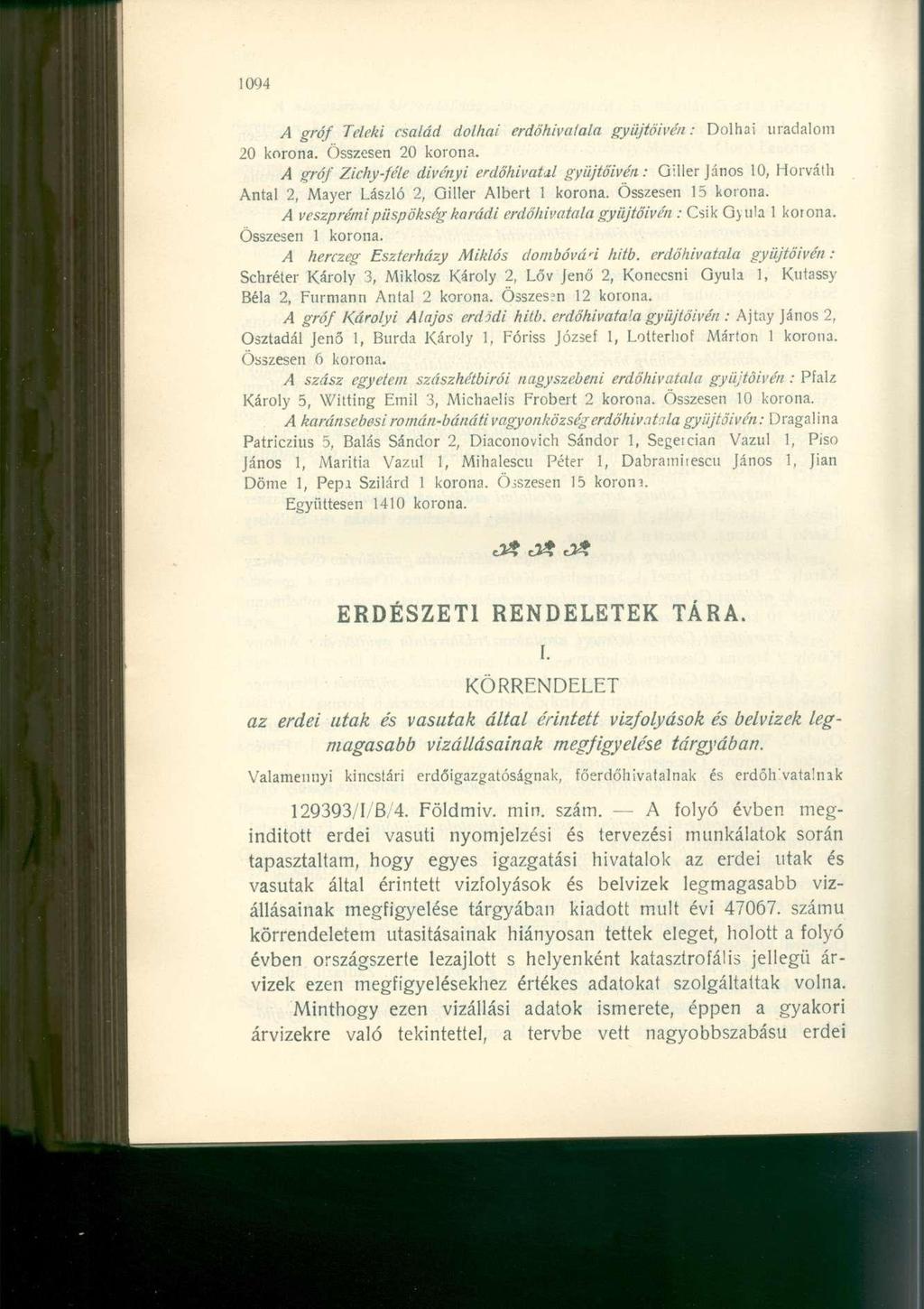 A gróf Teleki család dolhai erdőhivatala gyüjtöivén: Dolhai uradalom 20 korona. Összesen 20 korona.