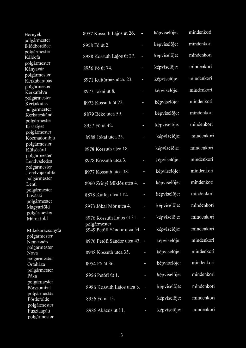 - képviselője: mindenkori Kerkateskánd 8879 Béke utca 59. - képviselője: mindenkori Kissziget 8957 Fő út 42. - képviselője; mindenkori Kozmadombja 8988 Jókai utca 25.
