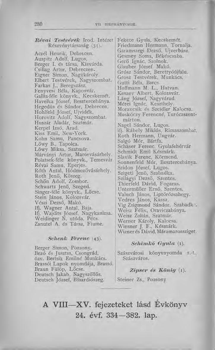 R é v a i T estvéréi? írod. Intézet Részvénytársaság (33). Aczél Henrik, Debrecen. Auspitz Adolf, Lúgos. Berger I. és társa, Kisvárda. Csillag Artúr, Debreczen. Eigner Simon, Nagykároly.