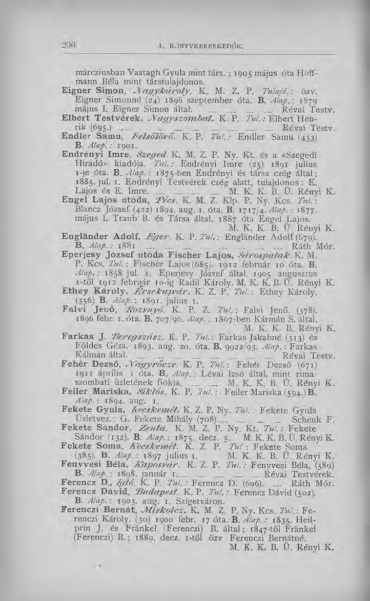 márcziusban Vastagh Gyula mint társ. ; 1905 május óta Hoffmann Béla mint társtulajdonos. E igner Sim on,.a 'agy k á r o ly. K. M. Z. P. Tulajd.: özv. Eigner Simonné (24) 1896 szeptember óta. B. Alap.