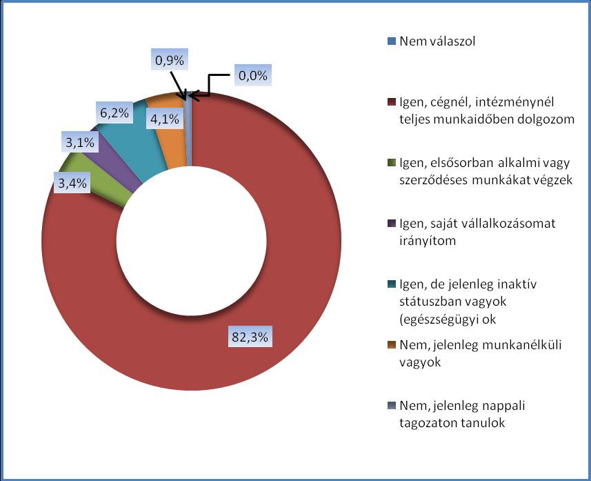 A megkérdezett, állandó munkahellyel már rendelkezők 82,3 %-a (1758 fő) teljes munkaidőben dolgozik alkalmazottként.