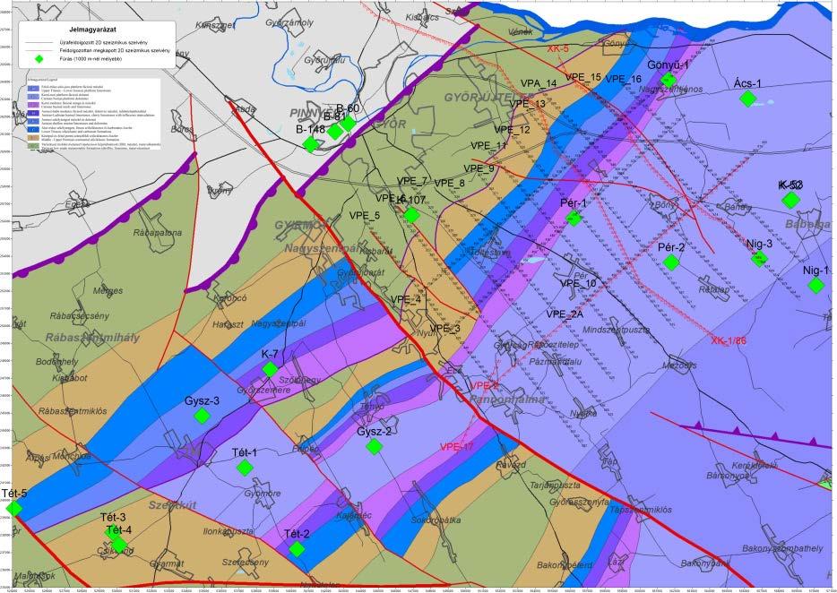 A tágabb kutatási terület a mezozoós medencealjzat térképen az archív 2D szeizmikus vonalakkal Pér-1 1985 2208 m miocén (2198 m-től nyitott) 2208 2701 m triász (felső-triász fődolomit)