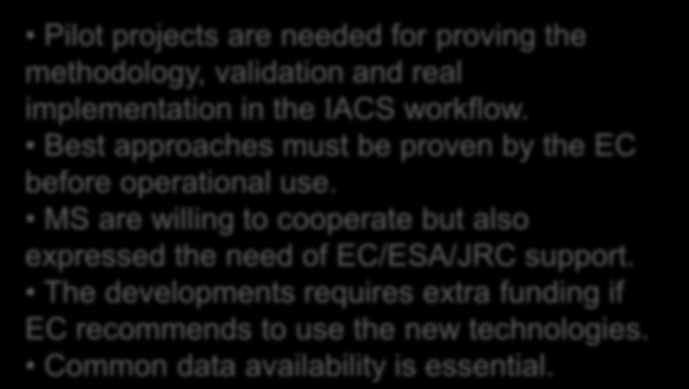 Pilot projects are needed for proving the methodology, validation and real implementation in the IACS workflow. Best approaches must be proven by the EC before operational use.