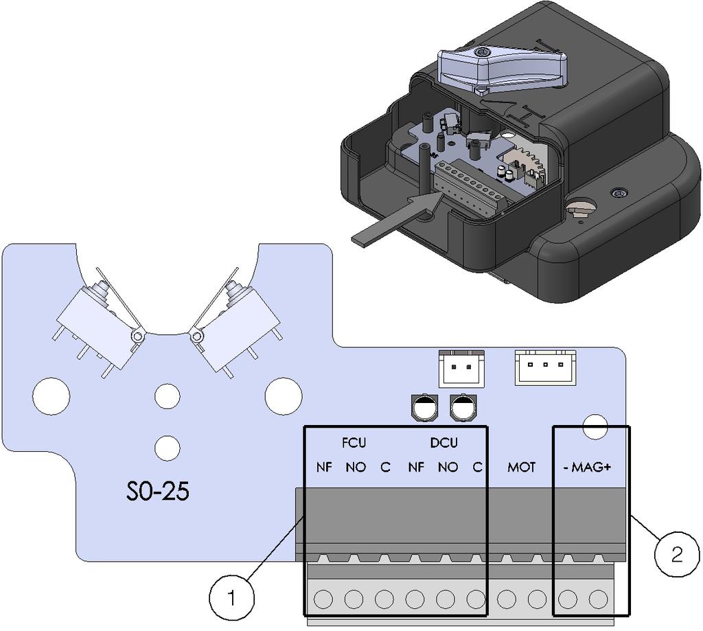 Kézi, mágnessel - MR/MI változat (S0-25 kapcsolópanelről ellátott, 24 V DC/48 V DC mágnes) S0-25 kapcsolópanel (S2 opcionális) 24V DC / 48V DC tápellátáshoz.