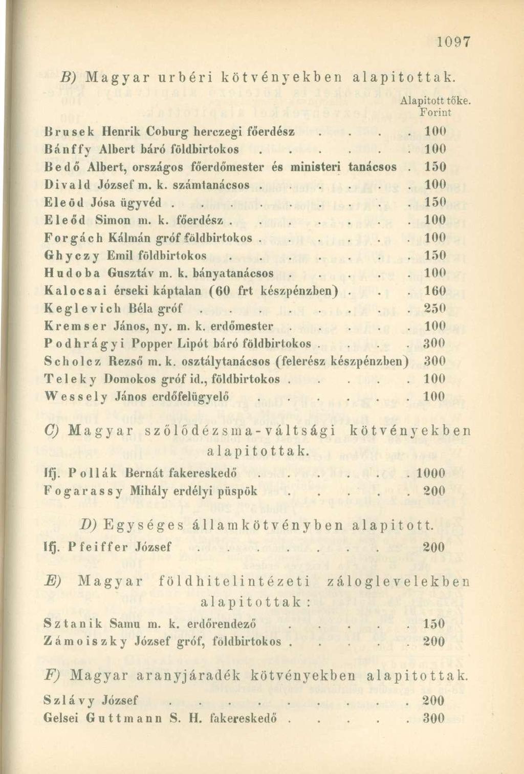 B) Magyar úrbéri kötvényekben alapítottak. Alapitott tőke. Forint Brusek Henrik Coburg herczegi főerdész.