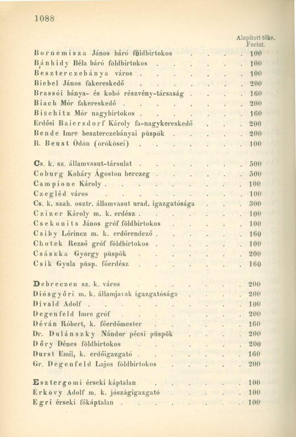 Bornemisza János báró földbirtokos B^á n h i d y Béla báró földbirtokos Beszterczebánya város.... Biebel János fakereskedő.... Brassói bánya- és kohó részvény-társaság. Biach Mór fakereskedő.