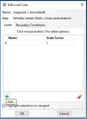 Ezután OK gombra kattintsunk. Az Edit Load Case ablakban lépjünk át a Boundary Conditions fülöre kattintsunk a zöld + ikonra (Add).