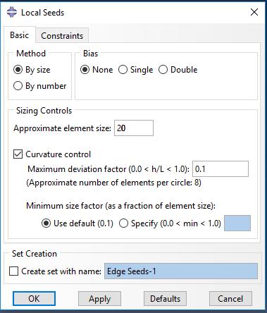 A megjelenő Local Seeds ablakban a Basic fülön a Sizing Controls mezőben az Approximate element size-t 20-ra.