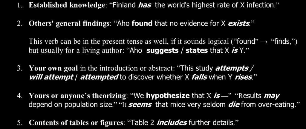 40 Tense Choice Present tense 1. Established knowledge: Finland has the world's highest rate of X infection. 2. Others' general findings: Aho found that no evidence for X exists.