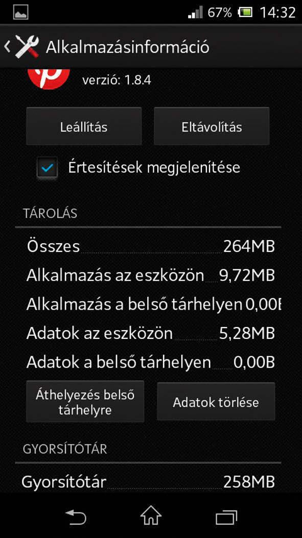 Ekkor egy sávdiagramon láthatjuk, hogy az Eszköz memóriáján (értsd: a telefon belső tárhelyén), illetve a belső tárolón (értsd: a csatlakoztatott SDkártyán) az alkalmazások, a képek és videók, a