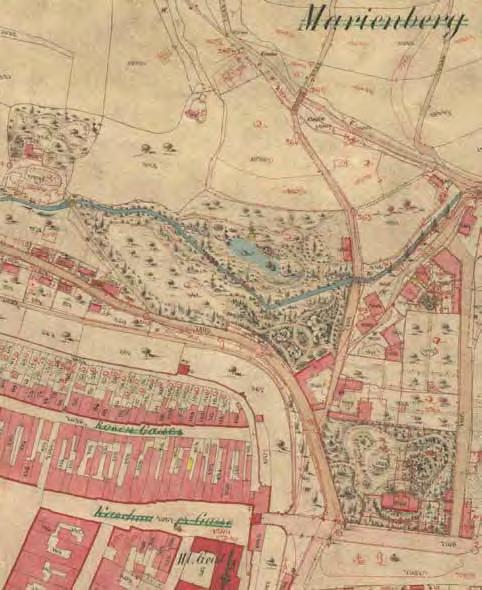 Pozemok záhradnej kúrie v r. 1869 výrez z historickej katastrálnej mapy z r. 1869, reambulovanej v r.