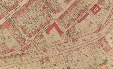 Situácia v južnej časti mesta pred požiarom v r. 1885 a pred výstavbou kasárenských objektov na katastrálnej mape z r. 1869, reambulovanej v r.