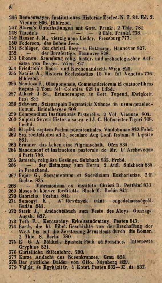 s 246 Dannenmayer, Institutiones Historiae EccleS. N. T. 2t. Ed. 2. Viennae 806.'Hlbfrzbd. 247 Sturm's Unterhaltungen mit Gott. Frank:. 2 Thle. 781. 248 Thiede s 2 Thle. Frankf. 78. 249 Hauser J. M.