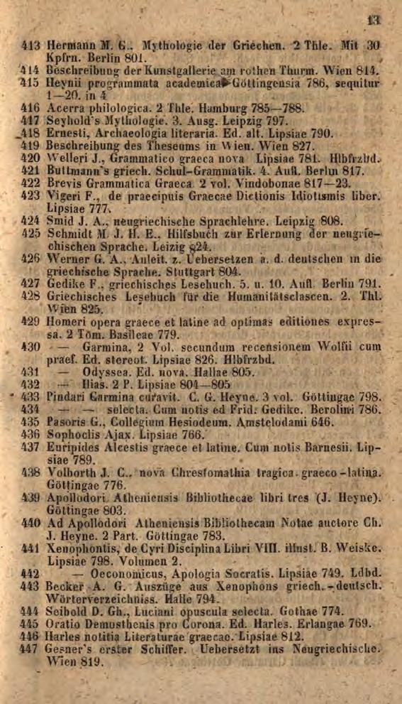 413 Hermann JT. G.. Mythologie der Griechen. 2 Thle. Mit 30 Kpfrn. Berlin 801. 414 Beschreibung der K un s t gal 1er ie am rothen Thurm. Wien 814. 415 Hevnii programmata academica^göttingensia 786.