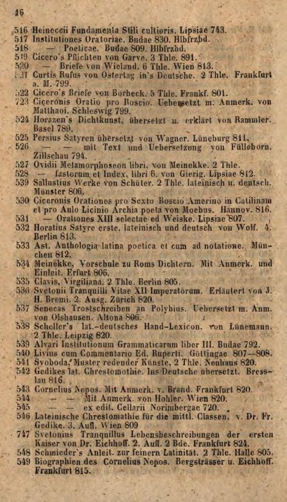 16, 16 Heiiicccii Fundamenta Stili cultioris. Lipsiac 743. 17 Institutiones Oratoriae. Budae 830. HlbfrzJ)d. 518 Poeticae. Budae 809. Hlbfrzbd. SIO Cicero s Pllichten von Garve. 3 Tlile. 891.