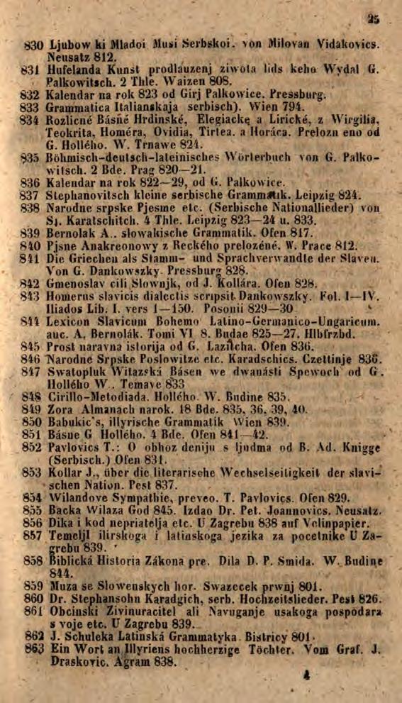 830 Ljubow ki Mladci Musi Serbskoi. von Milovan Vidakovics. Neusatz 812. 831 Hufelanda Kunst prodlauzenj zivvola lids keho Wydal G. Falkowitsch. 2 Thle. Waizen 80S.