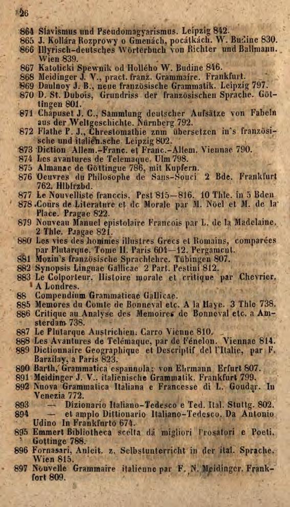 864 Sïavismus und Pseudomagyarismus. Leipzig 842. 865 J. Kollára Rozprowy o Gmenácli, počátkách. W. Budine 830. 866 Illyrisch-deutsches Wörterbuch von Pdchter und Ballmann. Wien 839.