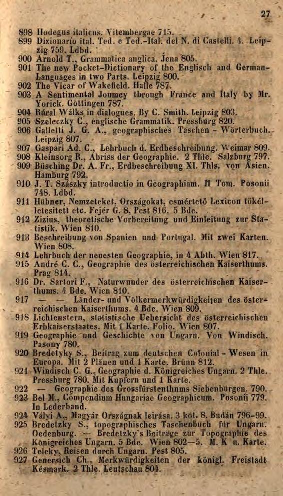 27 898 Hodegus italiens. Vitembergae 715. 899 Dizionarío ital. Ted. e Ted.-Ital. del N. di Castelli. 4. Leipzig 759. Ldbd. ' 900 Arnold T., Grammatica anglica. Jena 805.