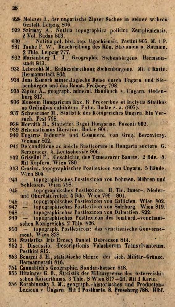 28 928 Melczer J., der ungarische Zipser Sachse in seiner wahren Gestalt. Leipzig 806. 929 Szirmay A.. Notitia lopographica politica Xeinpléniensis. 2 Vol. Budae 803. -930 Notitia pol. hist. top.