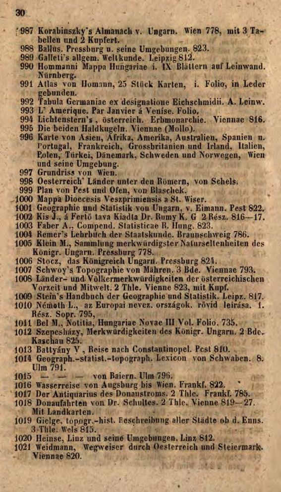 30 987 Korabinszky's Almanach v. Ungarn. Wien 778, mit 3 Tabellen und 2 Kupfert. 988 Ballus. Pressburg u. seine Umgebungen. 823. 989 Galleti s allgem. Wellkunde. Leipzig 81Ž.