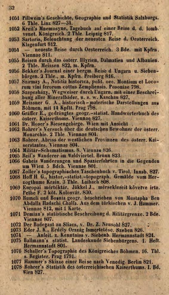 32 1051 Pillwein's Geschichte, Geographie und Statistik Salzburgs. 6 Thle. Linz 827 34. 1052 Kreil s Mnemosyne, Tagebuch auf einer Reise d. d. lomb. venet. Königreich. 2 Thle. Leipzig 817.