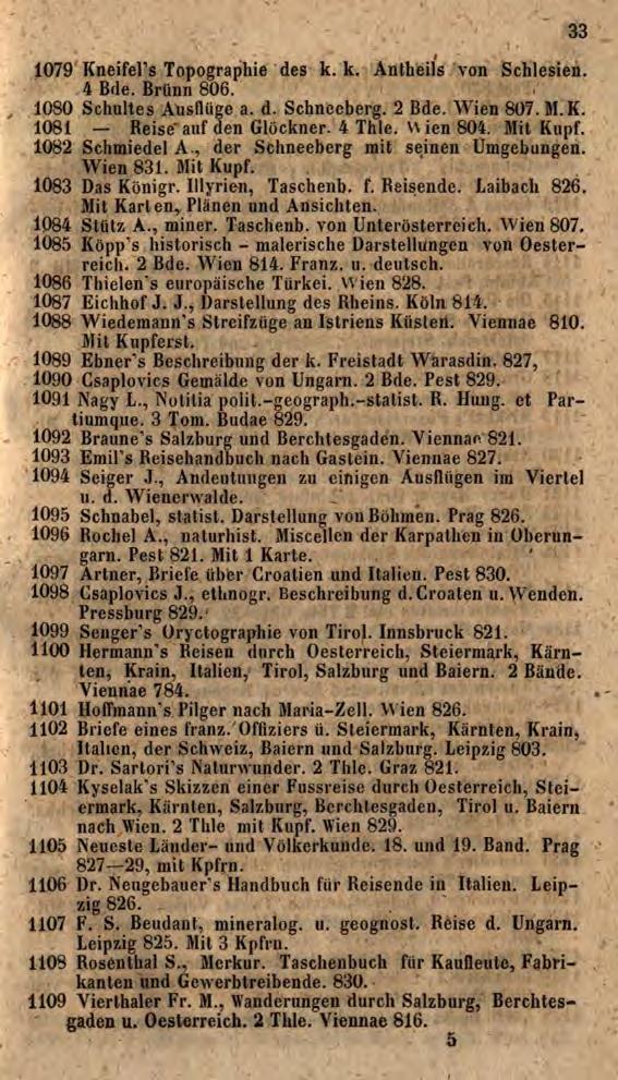 1079 Kneifeľs Topographie des k. k. Antheils von Schlesien. 4 Bde. Brünn 806. 1080 Schuhes Ausflüge a. d. Schneeberg. 2 Bde. Wien 807. M.K. 1081 Reise" auf den Glöckner. 4 Thle. V\ ien 804. Mit Kupf.