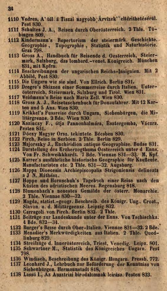 34 1110 Vedres, A túl á Tiszai nagyobb Árvizek eltérithetésérül. Pest 830. 1111 Schultes J. A., Reisen durch Oberösterreich. 2 Thle. Tübingen 809. 1112 Kindermann s Repertorium der steiermärk.