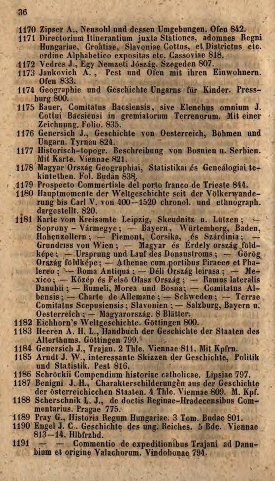 36 1170 Zipser A., Neiisohl und dessen Umgebungen. Ofen 842. 1171 Directorium Itinerantium juxta Stationes, adomnes Regni Hungáriáé, Cro'aliae, Slavoniae Cottus, et Districtus etc.