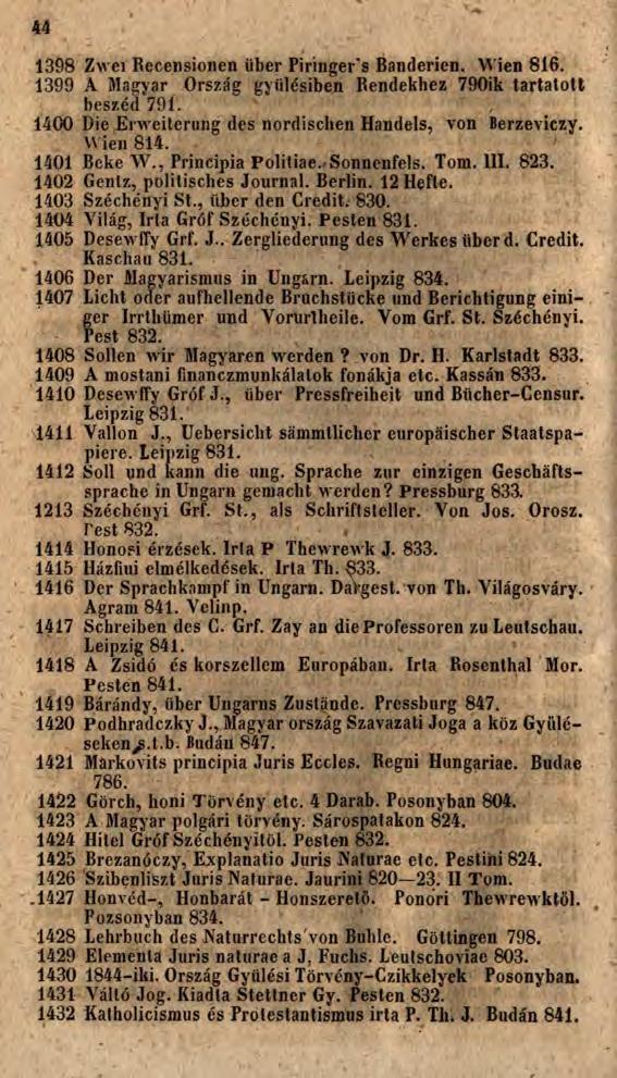 44 1398 Zwei Recensionen über Piringer's Banderien. Wien 816. 1399 A Magyar Ország gyűlésiben Rendekhez 790ik tartatott beszéd 791. 1400 Die Erweiterung des nordischen Handels, von Berzeviczy.