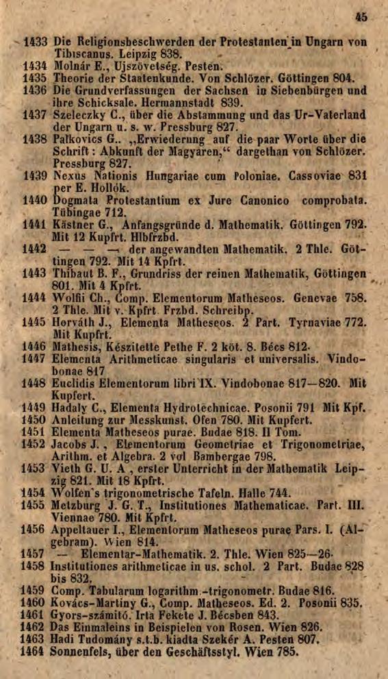 1433 Die Religionsbeschwerden der Protestanten'in Ungarn von Tibiscanus. Leipzig 838. 1434 Molnár E., Újszövetség. Pesten. 1435 Theorie der Staatenkunde. Von Schlözer. Göttingen 804.