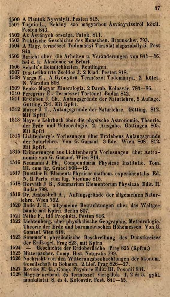 47 1500 A Plantok Nyavalyái. Pesten 815. 1501 Tognio L., Néhány szó magyarhou Ásványvizeiről közli. Pesten 843. 1502 Az Ásványok országa. Patok. 811. 1503 Praktische Geschichte des Menschen.