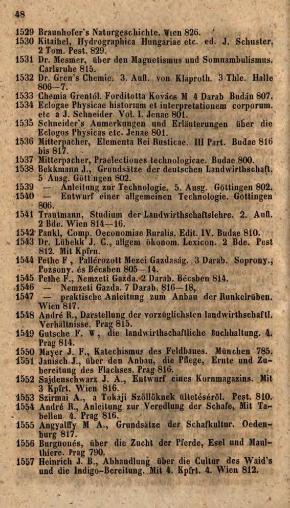48 1529 Braunhüfer's Naturgeschichte. Wien 826. 1530 Kitaibel, Hydrographies Hungáriáé etc. ed. J. Schuster. 2 Tom. Pest. 829. 1531 Dr. Mesmer, über den Magnetismus und Somnambulismus. Carlsruhe 815.