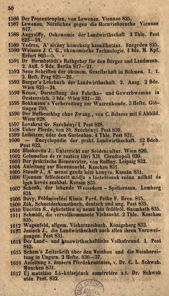 50 1586 Der Procentenplan, von Lewenau. Viennae 825. 1587 Lewenau, Nützliches gegen die Hornviehseuche Viennae 817. 1588 Angyalffy, Oekonomie der Landwirthschaft 2 Thle. Pest 823-24.