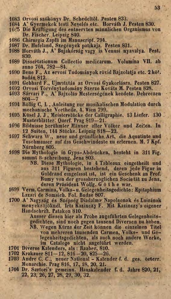 53 1683 Orvosi szókönyv Dr. Sebedéitől. Pesten 833. 1684 A Gyermekek testi Nevelés etc. Horváth J. Pesten 830. 16C5 Die Kräftigung des entnervten männlichen Organismus von Dr. Fischer. Leipzig 840.
