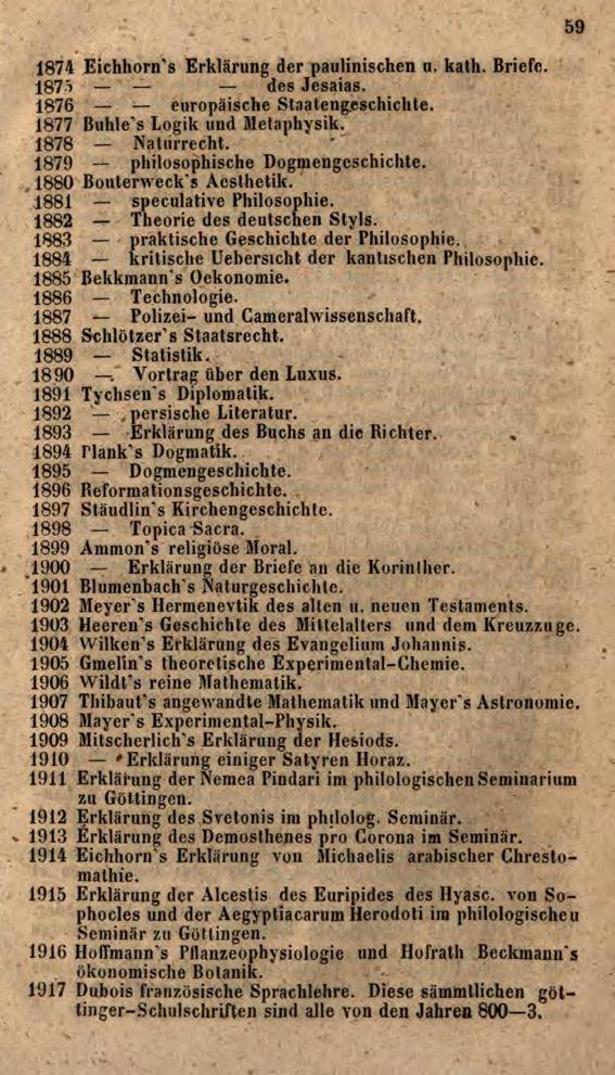 1874 Eichhorn s Erklärung der paulinischen u. kath. Briefe. 1875 des Jesaias. 1876 europäische Staatengeschichte. 1877 Buhle s Logik und Metaphysik. 1878 Naturrecht.