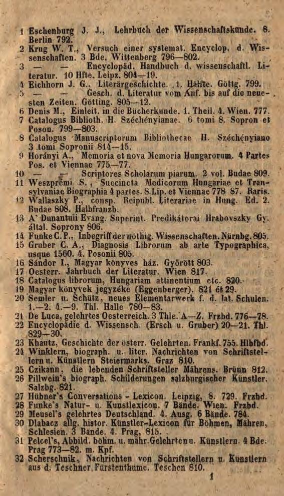 1 Eschenburg J. J., Lehrbuch der Wíssenschaftsktmde. 6. Berlin 792. 2 Krug W. T., Versuch einer systemat. Encyclop. d, Wissenschaften. 3 Bde. Wittenberg 796 802., 3 Encyclopäd. Handbuch d.