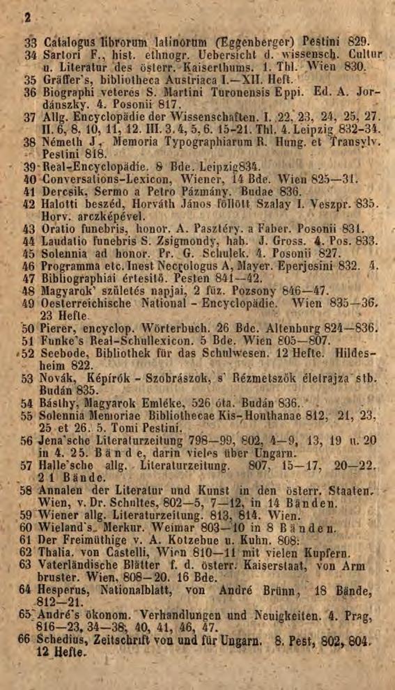 3 33 Catalogus librorum lalinorum (Eggenberger) Pestini 829. 34 Sartori F., hist, ethnogr. Uebersicht d. wissenscij. Cultnr u. Literatur des österr. Kaiserlhums. 1. Thl. Wien 830.