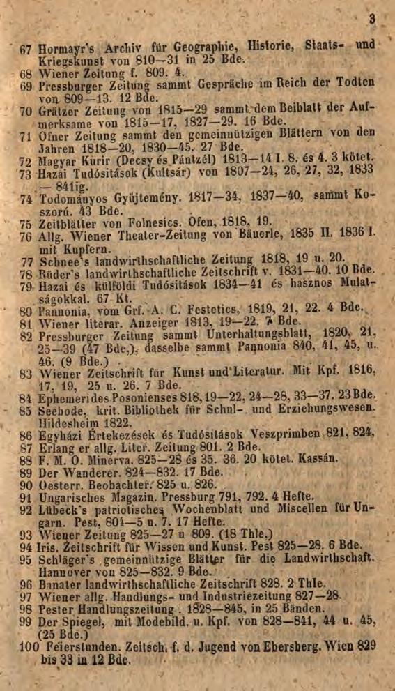 67 Hormayr s Archiv für Geographie, Historie, Staats- und Kriegskunst von 810-31 in 25 Bde. 68 Wiener Zeitung f. 809. 4.. 69 Pressburger Zeitung sammt Gespräche im Reich der Todten von 809-13. 12 Bde.