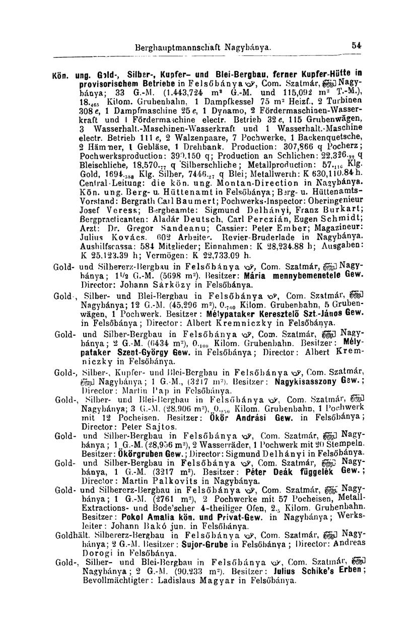 Berghauptmannschaft Nagybánya. 54 Kön. ung. Gild-, Silber-, Kupfer- und Blei-Bergbau, ferner Kupfer-Hiitte in provisorischem Betriebe in FelsőbányaKP, Com. Szatmár,^DNagybánya; 33 G.-M. (1.