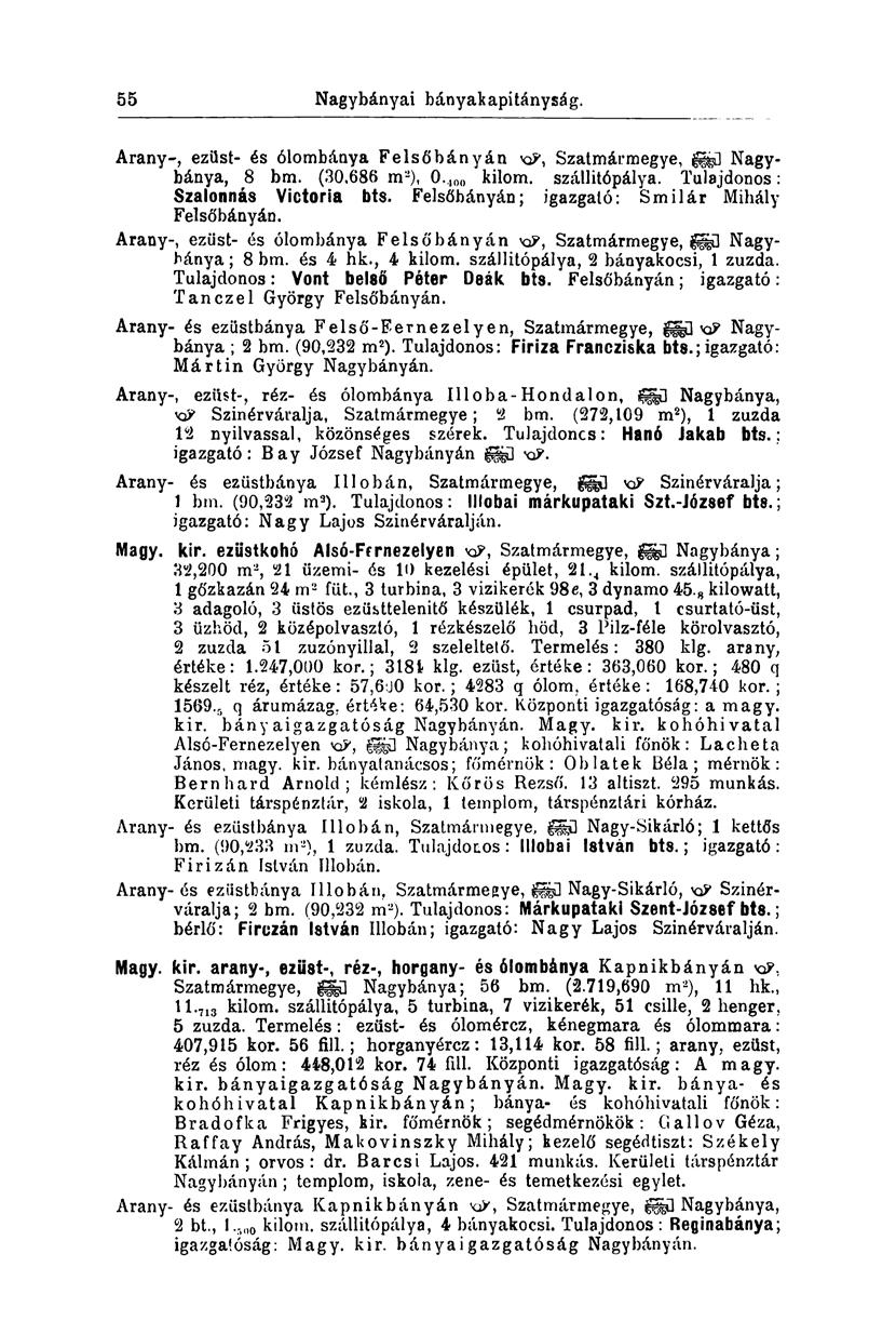 55 Nagybányai bányakapitányság. Arany-, ezüst- és ólombánya Felsőbányán iq?, Szatmármegye, ggjjd Nagybánya, 8 bm. (30,686 m 2 ), 0.. lo» kilom. szállitópálya. Tulajdonos: Szalonnás Victoria bts.