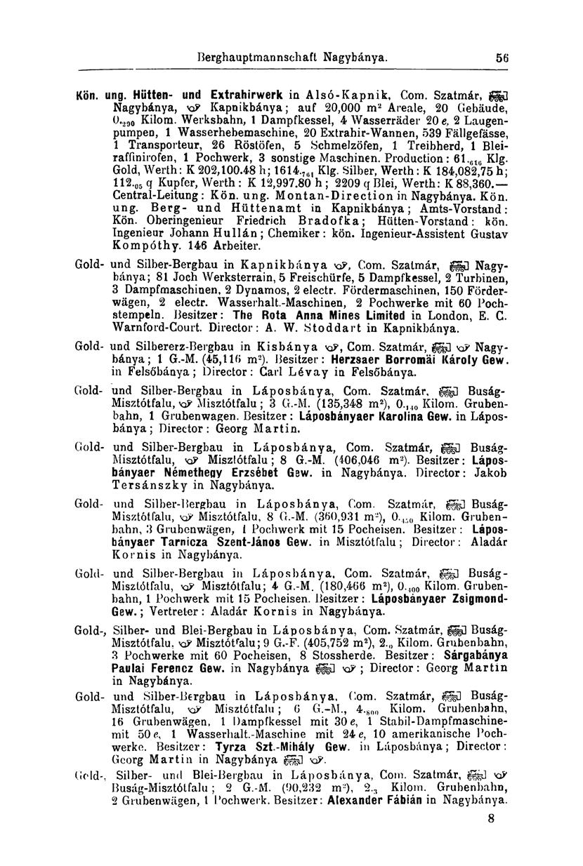 Berghauptmannschaft Nagybánya. 8 9 Kön. ung. Hütten- und Extrahirwerk in Alsó-Kapnik, Com. Szatmár, ggjjü Nagybánya, Kapnikbánya; auf 20,000 m 2 Areale, 20 Gebäude, 0., 90 Kilom.