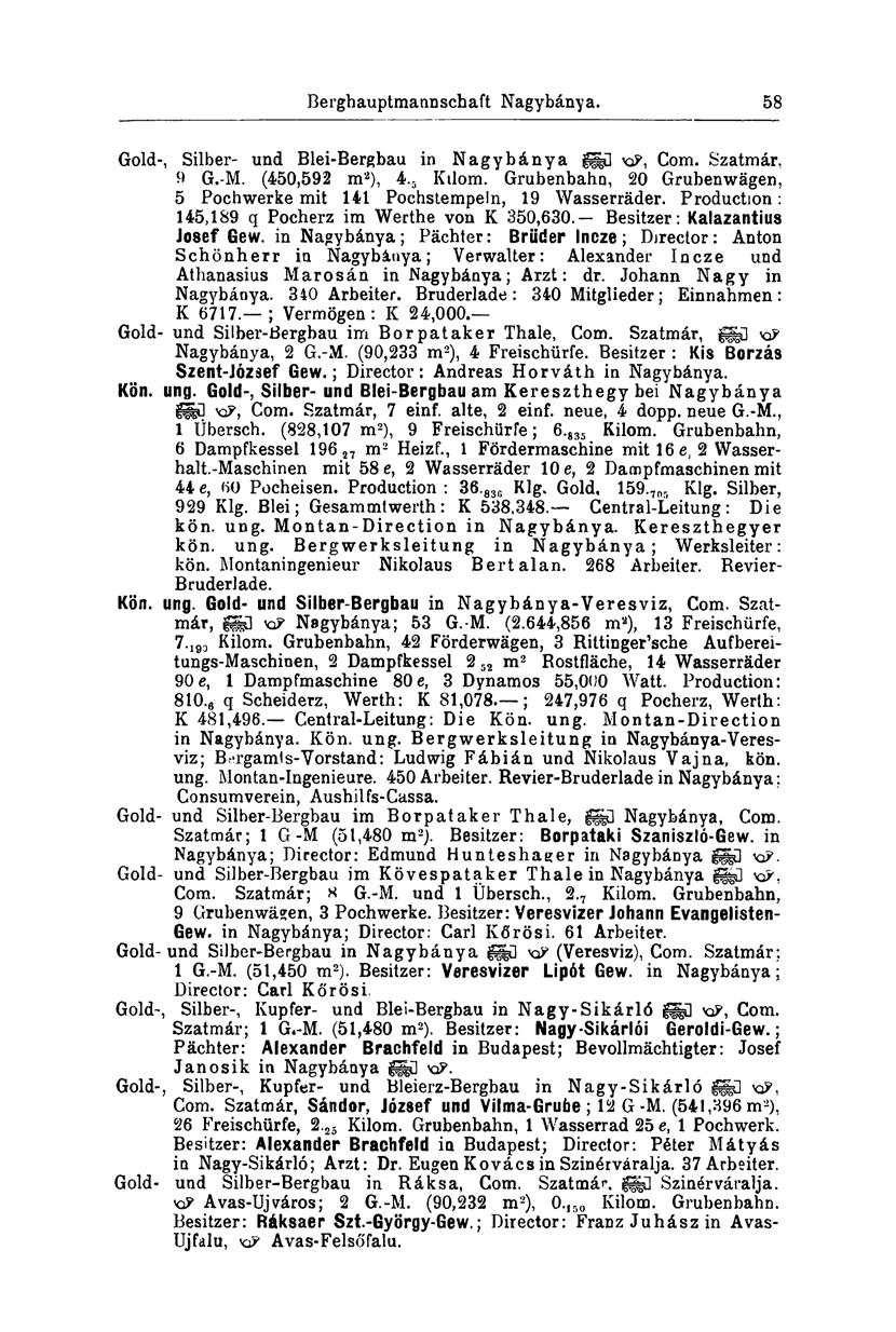 Berghauptmannschaft Nagybánya. 54 Gold-, Silber- und Blei-Bergbau in Nagybánya ggd va?, Com. Szatmár, 9 G.-M. (450,592 m 2 ), 4. 5 Kilom.