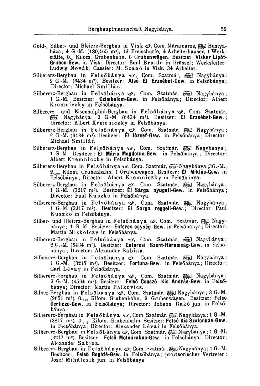 Berghauptmannschaft Nagybánya. 54 Gold-, Silber- und Bleierz-Bergbau in Visk vi?, Com. Máramaros, g Bustyaháza; 4 G.-M. (180,465 m 2 ), 12 Freischürfe, 4 Arbeiterhäuser, 1 Werkstätte, 0.. Kilom.